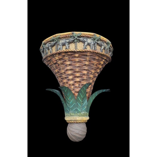 Traditional Vintage Tropical Elephant Tole Palm Weaved Wall Bracket Sconce Shelves- A Pair For Sale - Image 3 of 7