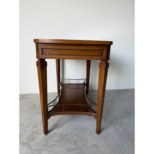 Vintage French Louis XVI Style Mahogany Console Table With White Marble Top, Pull-Out Drawer & Brass Gallery Shelf For Sale - Image 10 of 12