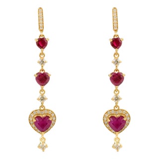 Vintage 18k Gold Ruby Heart Dangle Earrings With Diamonds- A Pair For Sale