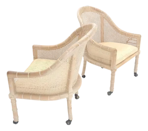 Pair Rounded Barrel Cane Back White Wash Carved Faux Bamboo Lounge Chairs