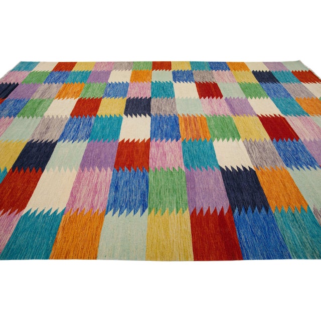 2020s Multicolor Geometric Modern Flatweave Kilim Wool Rug For Sale - Image 5 of 7