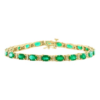 9 Ct Natural Brazilian Emerald and Diamond Tennis Bracelet 14 Karat Yellow Gold For Sale