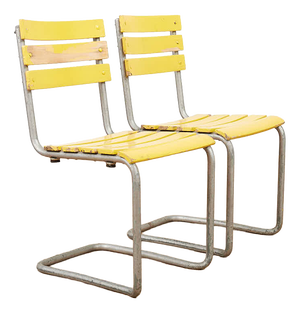 Stackable Yellow Model 1023 Garden Chair Set in Galvanized Steel Tubing and Wooden Slats by Embru, 1934, Set of 2