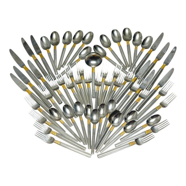 1990s Pfaltzgraff Golden Crossroads Stainless Steel Flatware - 61 Piece Set For Sale