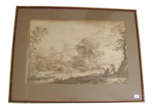 17th Century Italian Landscape Ink and Wash Painting, Framed