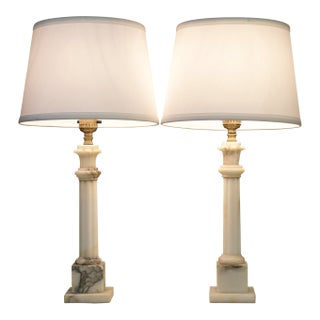 1950s Neo Classic Hollywood Regency Modern Carrara Marble Corinthian Style Column Table Lamps - a Pair For Sale