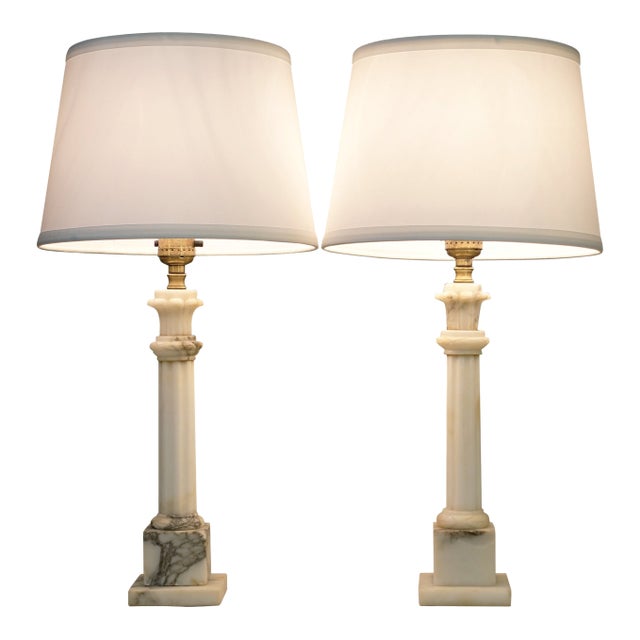 1950s Neo Classic Hollywood Regency Modern Carrara Marble Corinthian Style Column Table Lamps - a Pair For Sale
