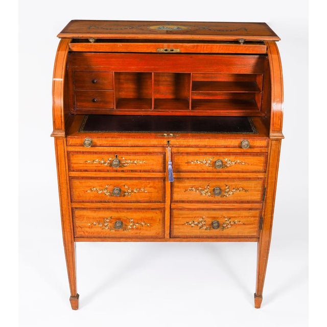 Metal Antique English Late Victorian Sheraton Revival Satin Wood Bureau, 19th Century For Sale - Image 7 of 18