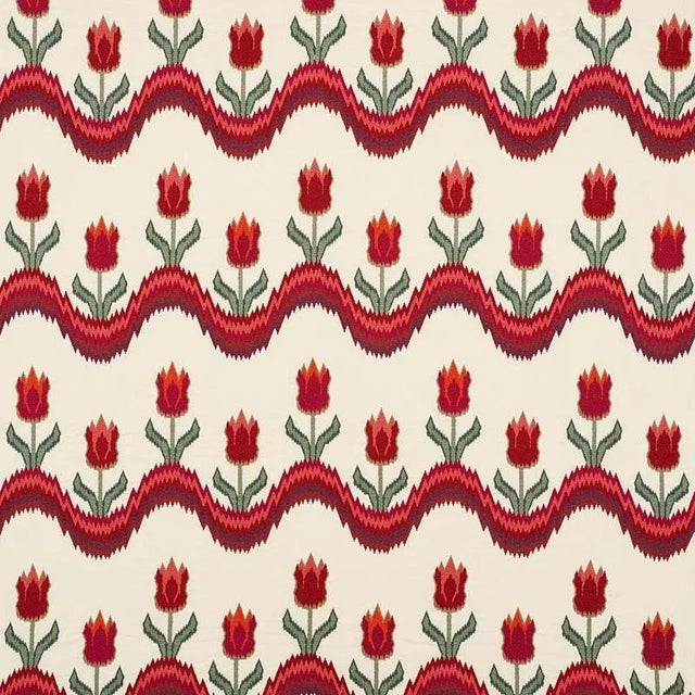 Sample - Schumacher Tulip Flamestitch Embroidery Fabric in Vermilion For Sale