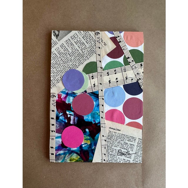 A playful and vibrant original collage incorporating vintage dictionary pages, sheet music, watercolor abstraction, and...
