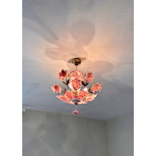 1980s Italian Pink Murano Style Glass Floral Chandelier – Hand-Painted Porcelain & Brass Ceiling Light For Sale - Image 4 of 18