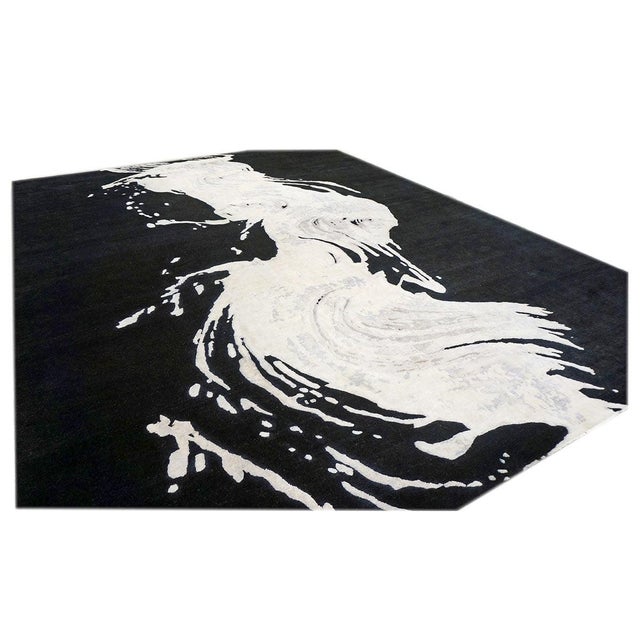 Modern Nepalese Wool & Silk 9X13 Black & White Wave Design Handmade Area Rug #1144031