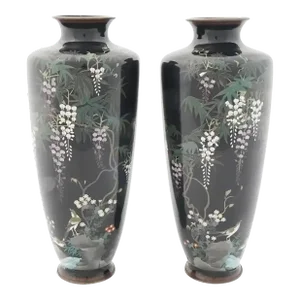 Pair of Antique Meiji Japanese Cloisonne Enamel Vases Blossoming Wisteria and Birds
