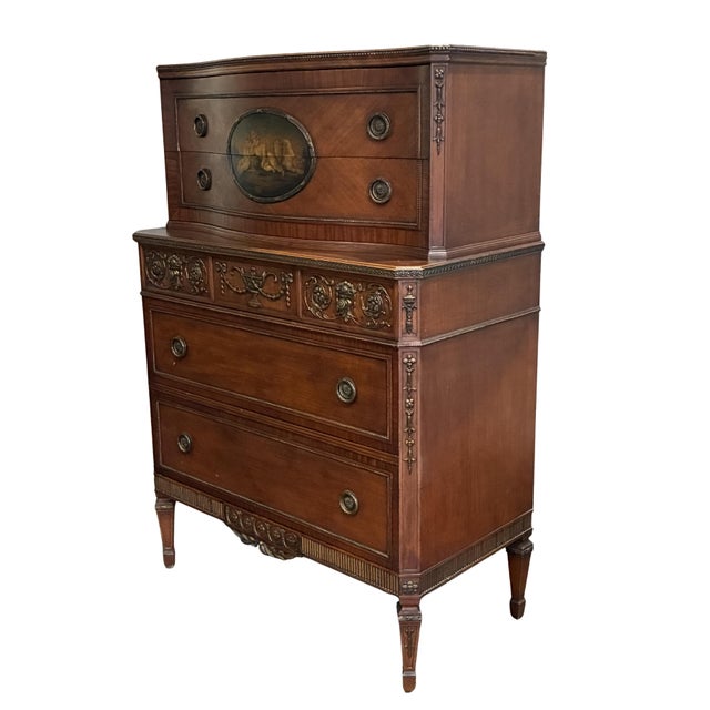 Early 20th Century Neoclassical Mahogany Chest on Chest With Hand-Painted Oval Medallion & Bronze Ormolu For Sale - Image 4 of 12