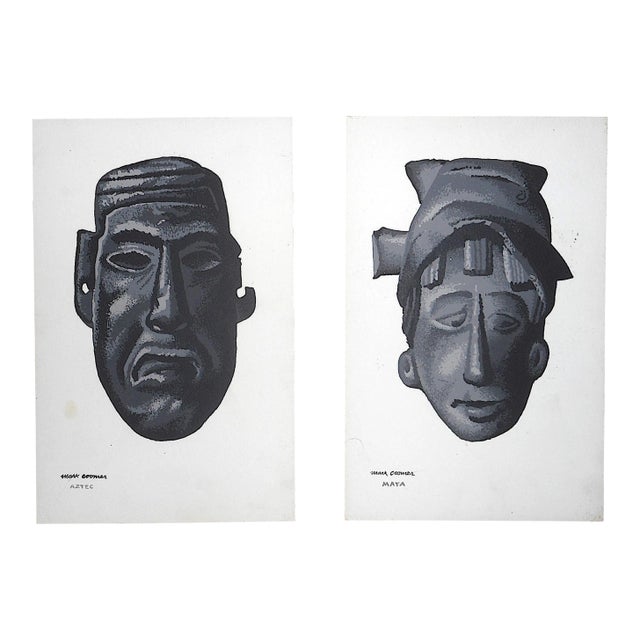 Vintage . Serigraphs-Listed American Artist-Mayan/Incan-Masks-A Pair For Sale