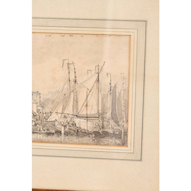 Original 19th Century Gauche + Watercolor Harbor Scene in Chunky Oak Frame For Sale - Image 4 of 8