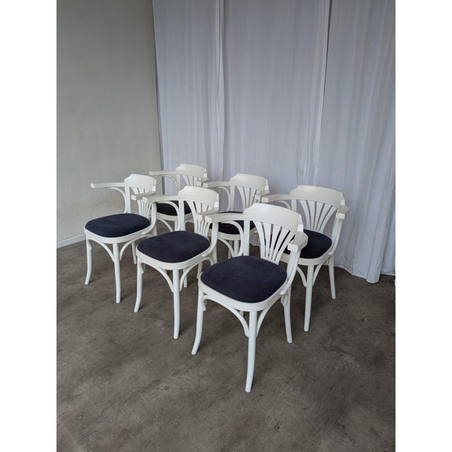 Vintage White Bentwood Dining Chairs with Blue Fabric Seats, 1970s, Set of 6 For Sale - Image 9 of 18