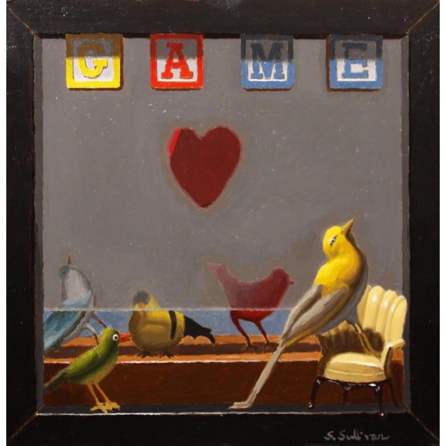 This oil painting features a whimsical scene with a variety of birds interacting in a playful setting, framed by colorful...