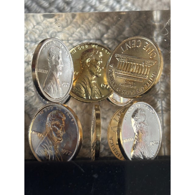 Plastic Pop Art Lucite Cube With Pennies, 1972 For Sale - Image 7 of 8