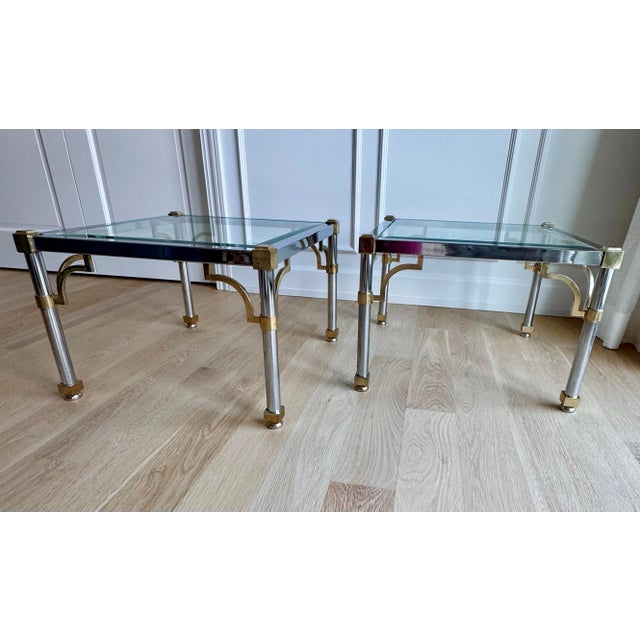 Pair of 1970s Maison Jansen / Mastercraft Style Chrome and Brass Side Tables With Beveled Glass For Sale In Chicago - Image 6 of 10