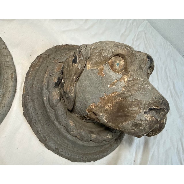 Pair Antique Hand Carved Dog Architectural Salvage Wall Sculpture Conklin Port For Sale In New York - Image 6 of 13