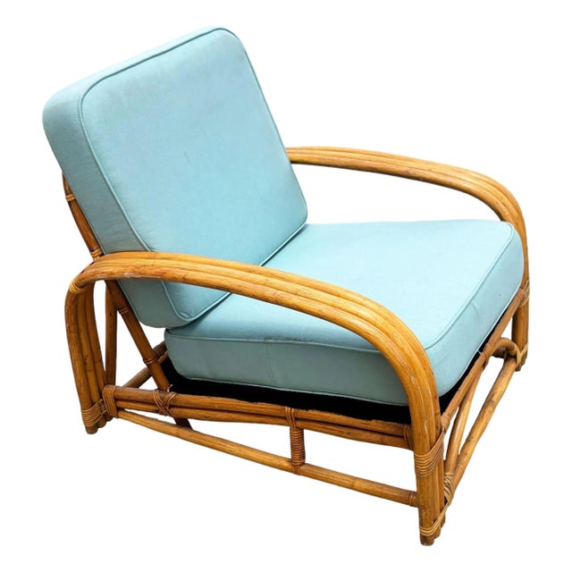 1950s Restored Rattan Triple-Strand Half Square Moon Arm Lounge Chair W/ Arched Back For Sale