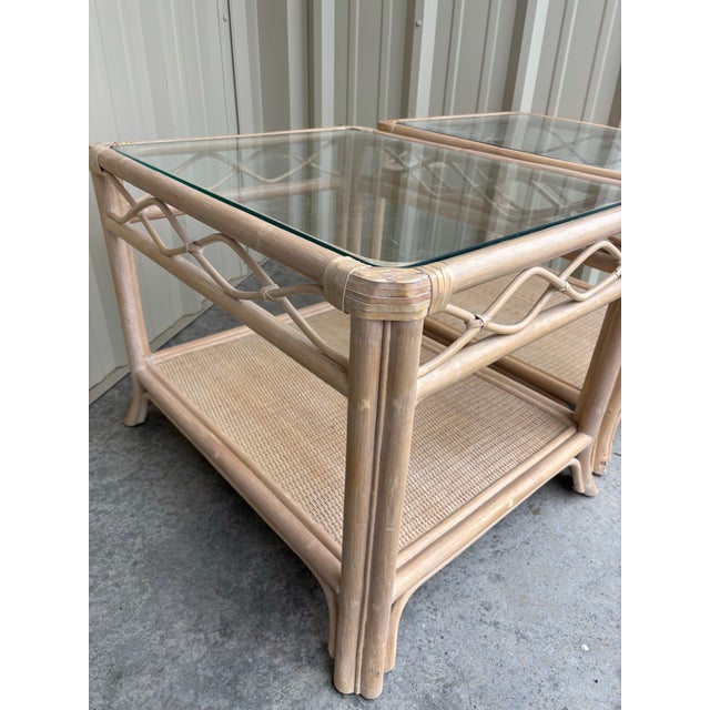 Almond 1980s Vintage Rattan and Glass End Tables, a Pair For Sale - Image 8 of 12