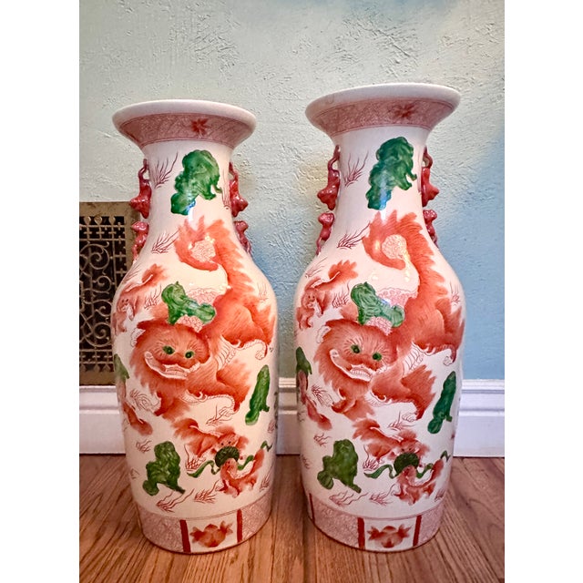 Vintage Tall Chinese Porcelain Vase With Foo Dog Motif, a Pair For Sale - Image 12 of 17