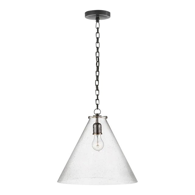 Thomas O'Brien for Visual Comfort Signature Katie Conical Pendant in Bronze with Seeded Glass For Sale