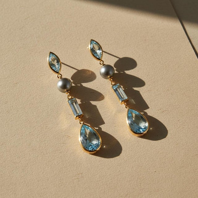Sky Blue Topaz & Pearl Drop Earrings Studs, Silver, Gold, Pair For Sale - Image 9 of 10