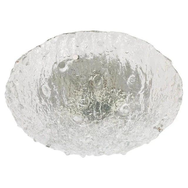 Gorgeous large round shaped flush mount with murano heavy textured clear iced glass on a metal frame with nickel screws....