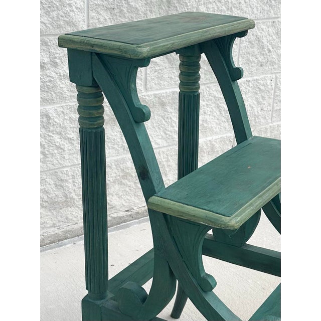 Tuscany Italian Country Carved &Amp; Distressed Green Painted Wood 3-Step Library Ladder For Sale - Image 10 of 11