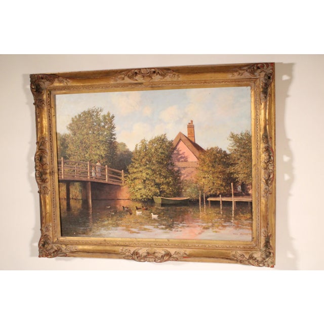Painting by Australian artist Tony Johnson (Born 1941), titled "Lakeside". Oil on canvas. Frame dimensions, height 37.5"...