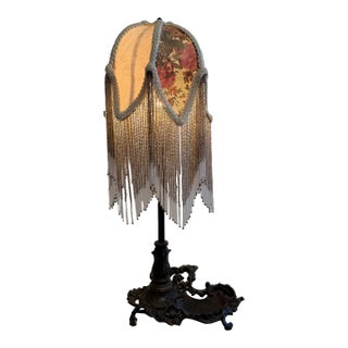 Vintage Meyda Tiffany Victorian Glass Fringe Lamp With Bronze Vanity Base For Sale