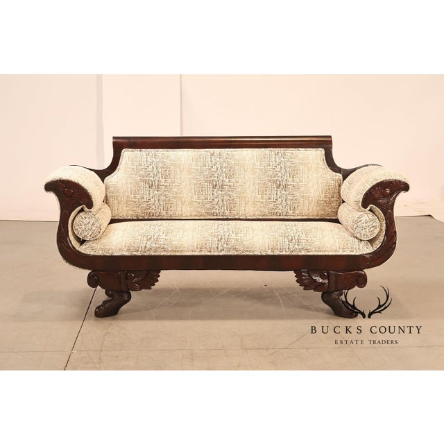 Wood Antique American Upholstered Empire Style Carved Mahogany Sofa For Sale - Image 7 of 18