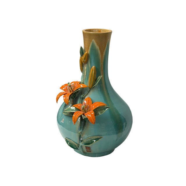 Turquoise Turquoise Teal Bulbous Round Body Orange Dimensional Lily Flower Art Vase For Sale - Image 8 of 15