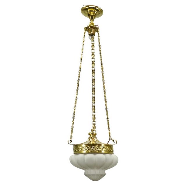 Art Nouveau Secession Pendant Light in Brass and Opaline Glass, Czechoslovakia, 1900s For Sale - Image 15 of 15