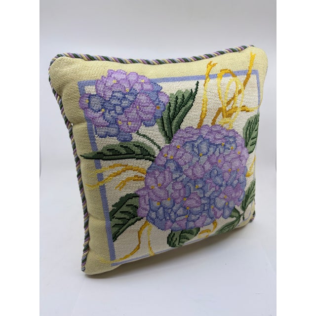 Traditional Vintage Blue Hydrangea Needlepoint Pillow For Sale - Image 3 of 6