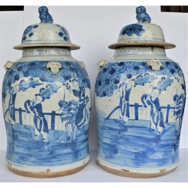 Chinoiserie Vintage Chinoiserie White & Blue Children & Qulin Ginger Jar - a Pair For Sale - Image 3 of 9