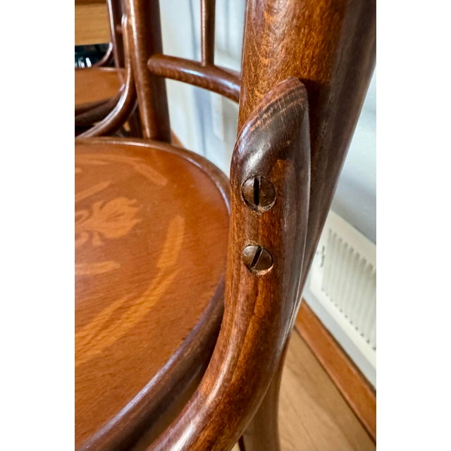 Pair Antique J & J Kohn Mundus Model 337 Bentwood Cafe Chairs Iris Marquetry Seats For Sale - Image 10 of 17