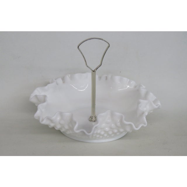 Mid 20th Century Fenton White Milk Glass Ruffled Edge Hobnail Candy Dish With Metal Handle For Sale - Image 14 of 14
