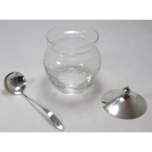 Traditional Vintage 1950s Mid Century Etched Decorated Crystal & Sterling Silver Jam Jar & Spoon Set For Sale - Image 3 of 13