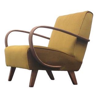 Vintage Bentwood Lounge Chair in Goldenrod Velvet by Jindrich Halabala, 1930 For Sale