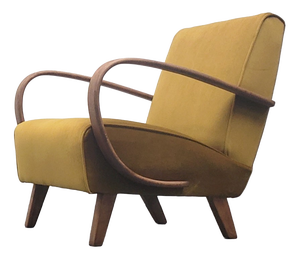 Vintage Bentwood Lounge Chair in Goldenrod Velvet by Jindrich Halabala, 1930