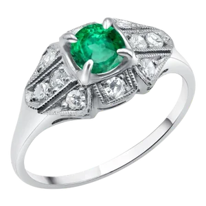 Vintage Emerald Diamond 0.90 Carat Platinum Filigree Milgrain Trim Ring Size 6.5