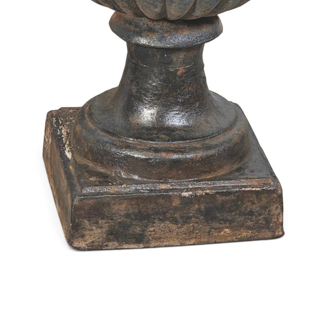 Pair of Antique French Cast Iron Campana Garden Urns With Lion Mask Handles 24" For Sale In San Francisco - Image 6 of 10