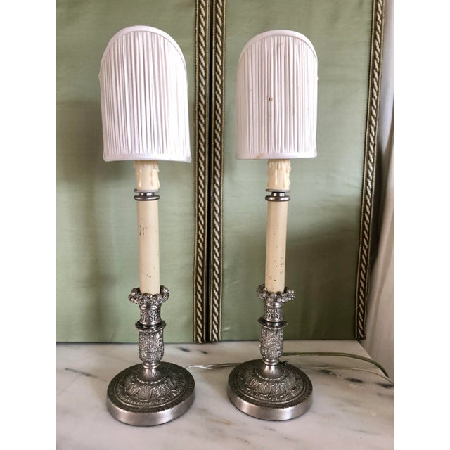 Pair of 1920s Indian Silver Repoussé Candlesticks Converted to Table Lamps For Sale - Image 4 of 4