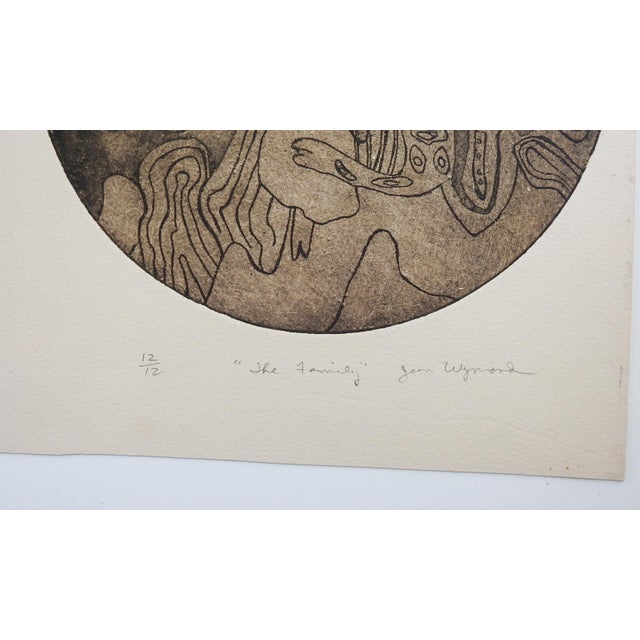 Mid 20th century abstract sepia etching on paper of family by Jean Wymond ( 1929-2025) Texas. Signed, titled "The Family"...