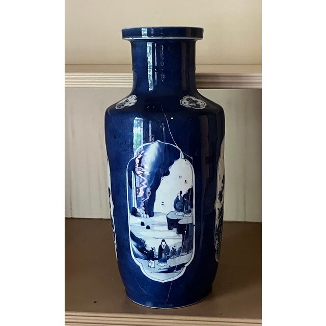 Antique Early 18th Century Chinese Powder Blue Kangxi Period Porcelain Rouleau Vase Circa 1700 For Sale - Image 4 of 18