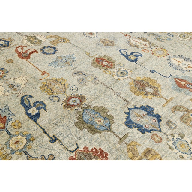 Modern Hand-Knotted Oushak Style Wool Area Rug in Soft Sage and Slate Blue 14x20 For Sale - Image 11 of 12